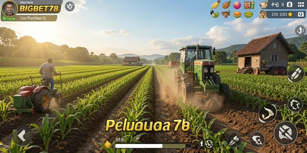 Tampilan gameplay <strong>BIGBET78</strong> yang menarik dengan aktivitas pertanian yang seru.