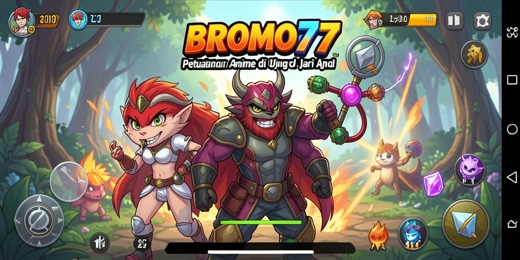 Tangkapan layar gameplay BROMO77 dengan karakter anime yang dinamis.