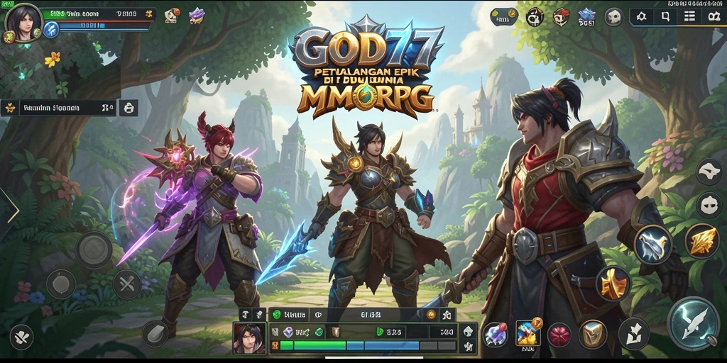 Tampilan gameplay <strong>GOD77</strong> menampilkan pertempuran seru di dunia fantasi.