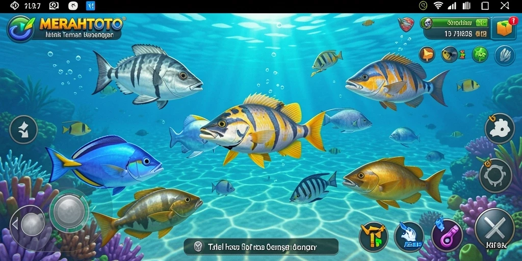 Screenshot gameplay MERAHTOTO yang mendebarkan saat menembak ikan.