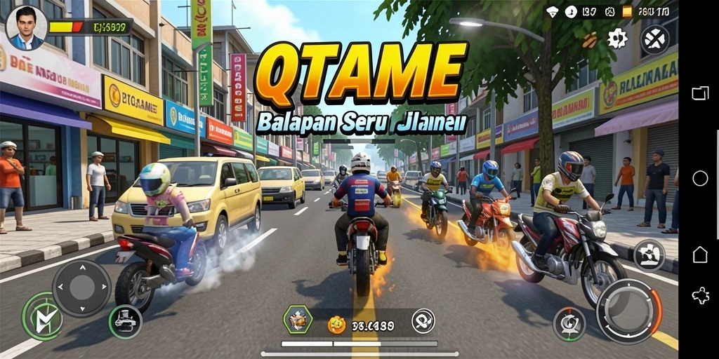 Gameplay QTGAME yang penuh aksi dan kecepatan di lintasan balapan.