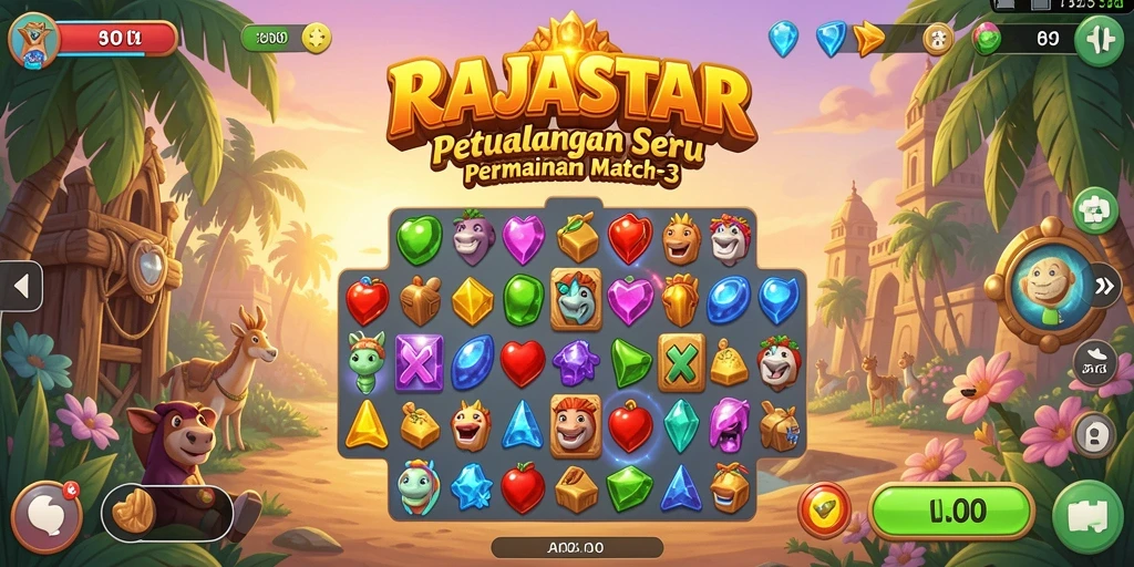 Screenshot permainan RAJASTAR yang menampilkan suasana Match-3 yang seru.
