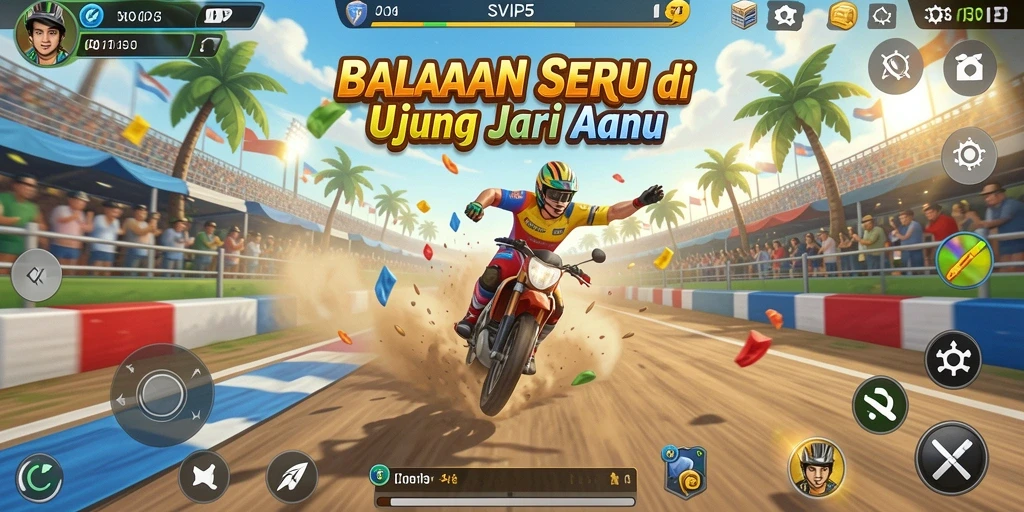 Tampilan gameplay SVIP5 dengan mobil balap beraksi di lintasan.